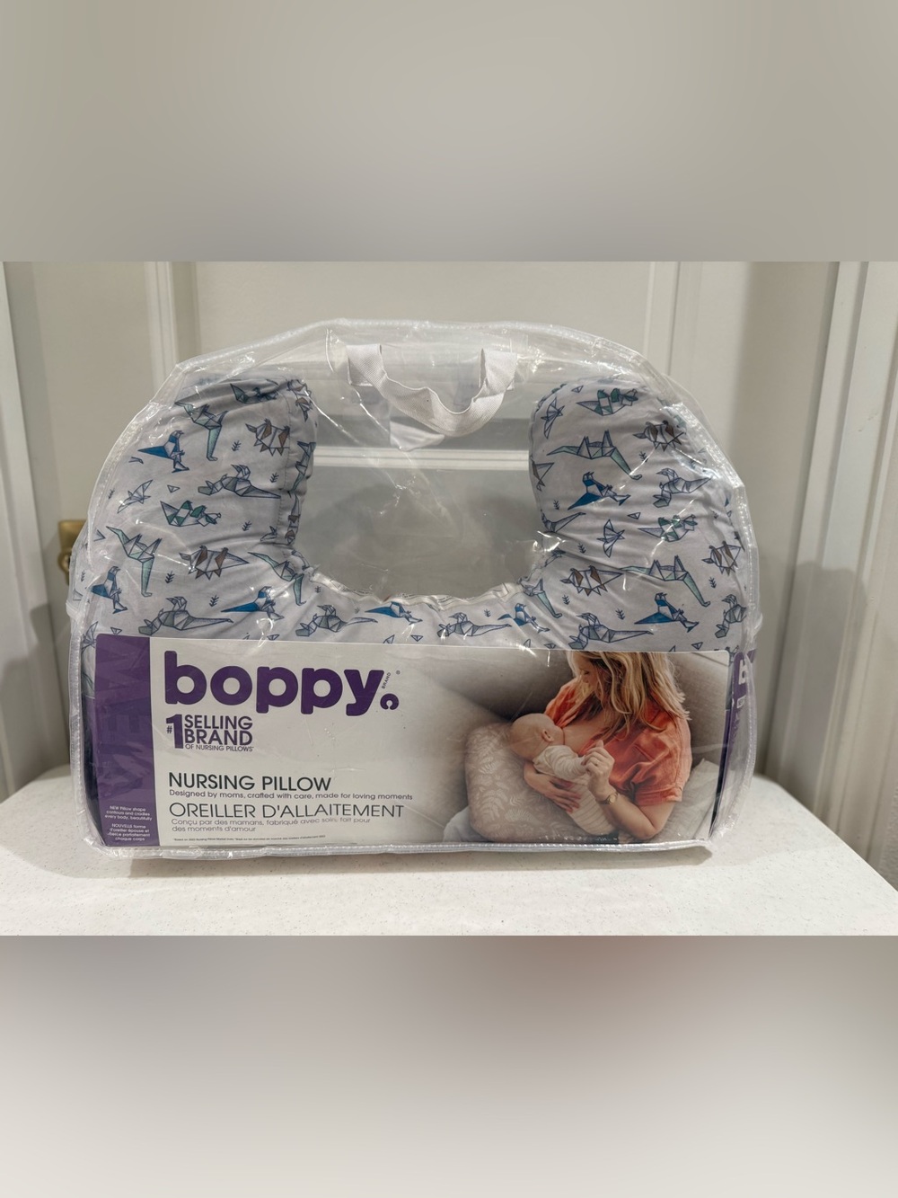 NEW Boppy Nursing Pillow in White with Blue and Teal Origami Bird Print